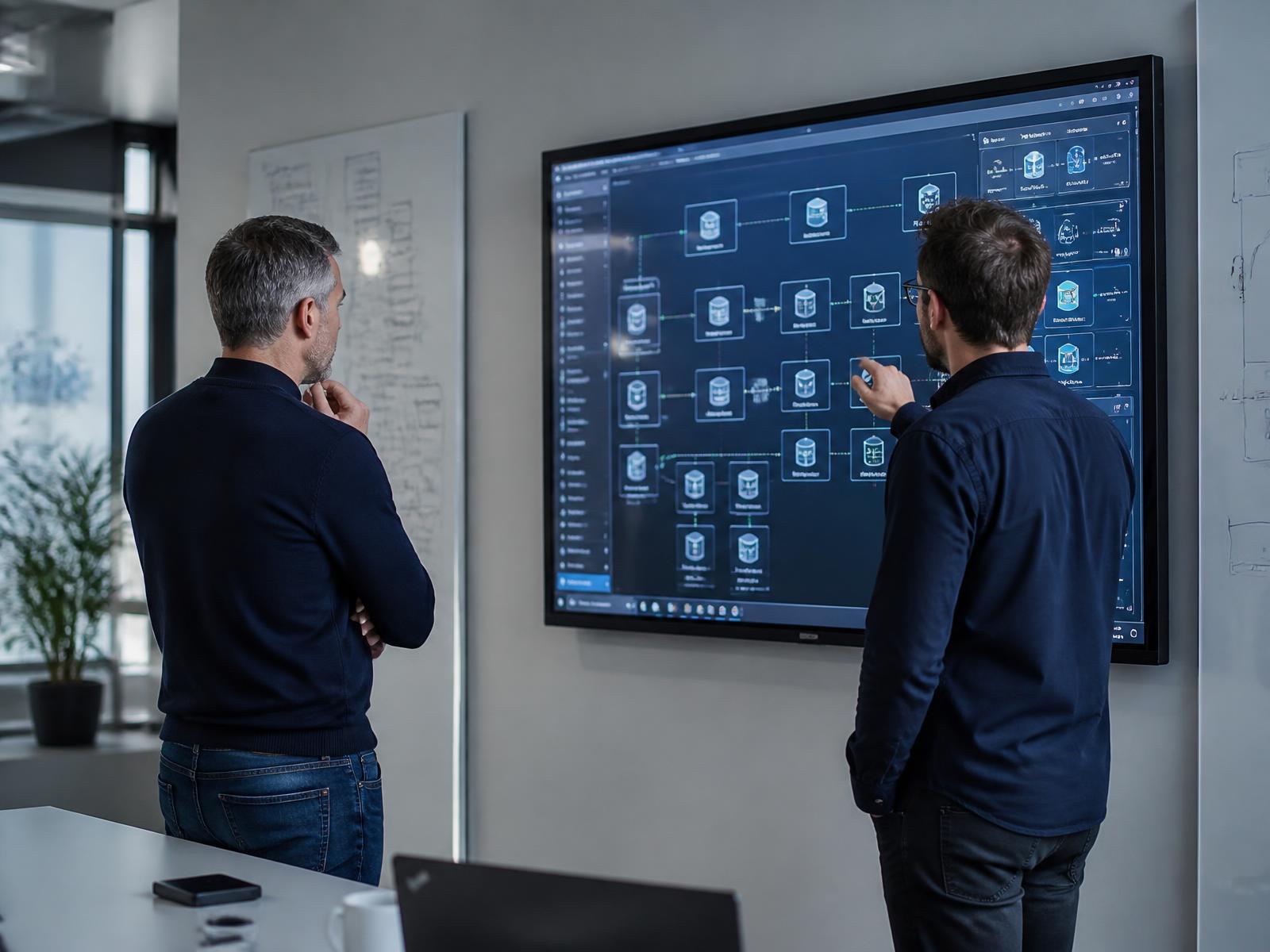 Two senior engineers reviewing a system architecture diagram on a large display